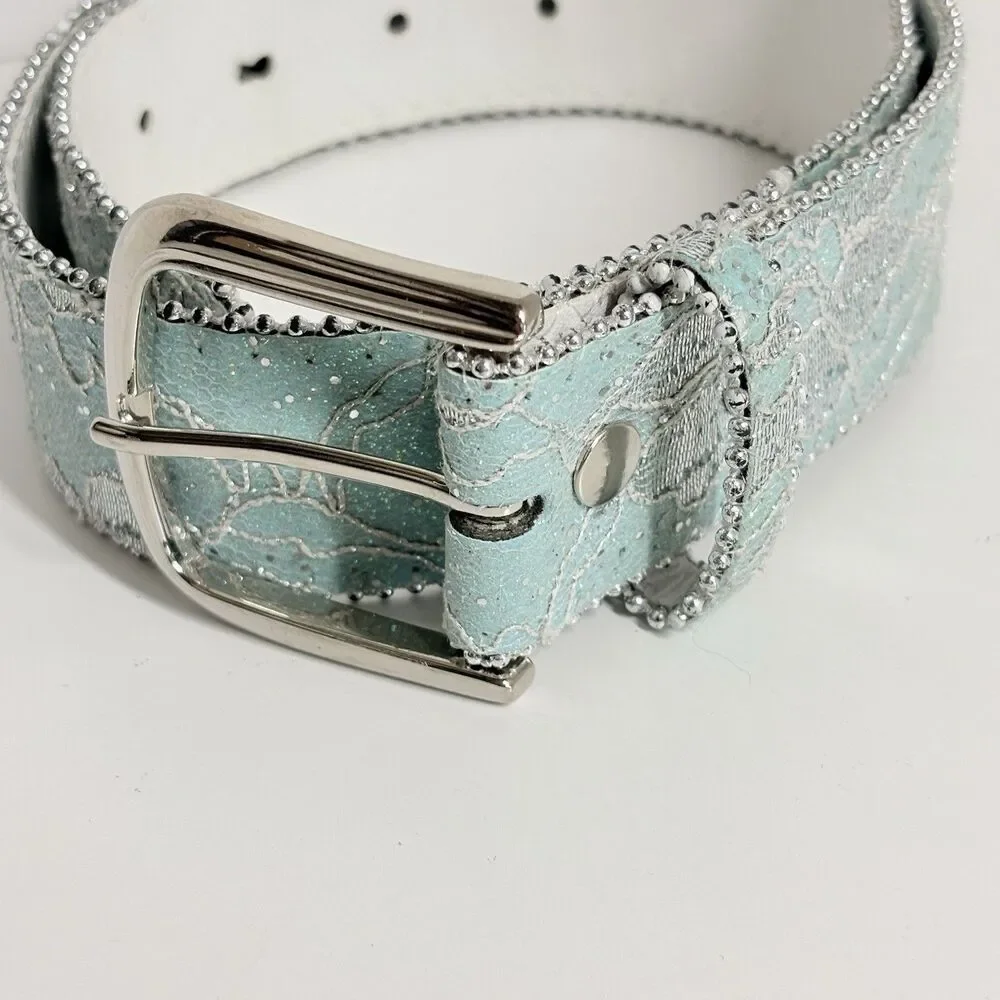 Vtg Y2K Justice Belt Girls Mint Green Silver Buckle Lace Western Dolly Parton